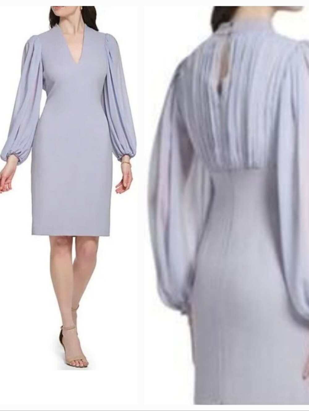 VINCE CAMUTO Crepe V-Neck Dress w/Sheer Long Sleeves & Back Detail Lilac Sz 0